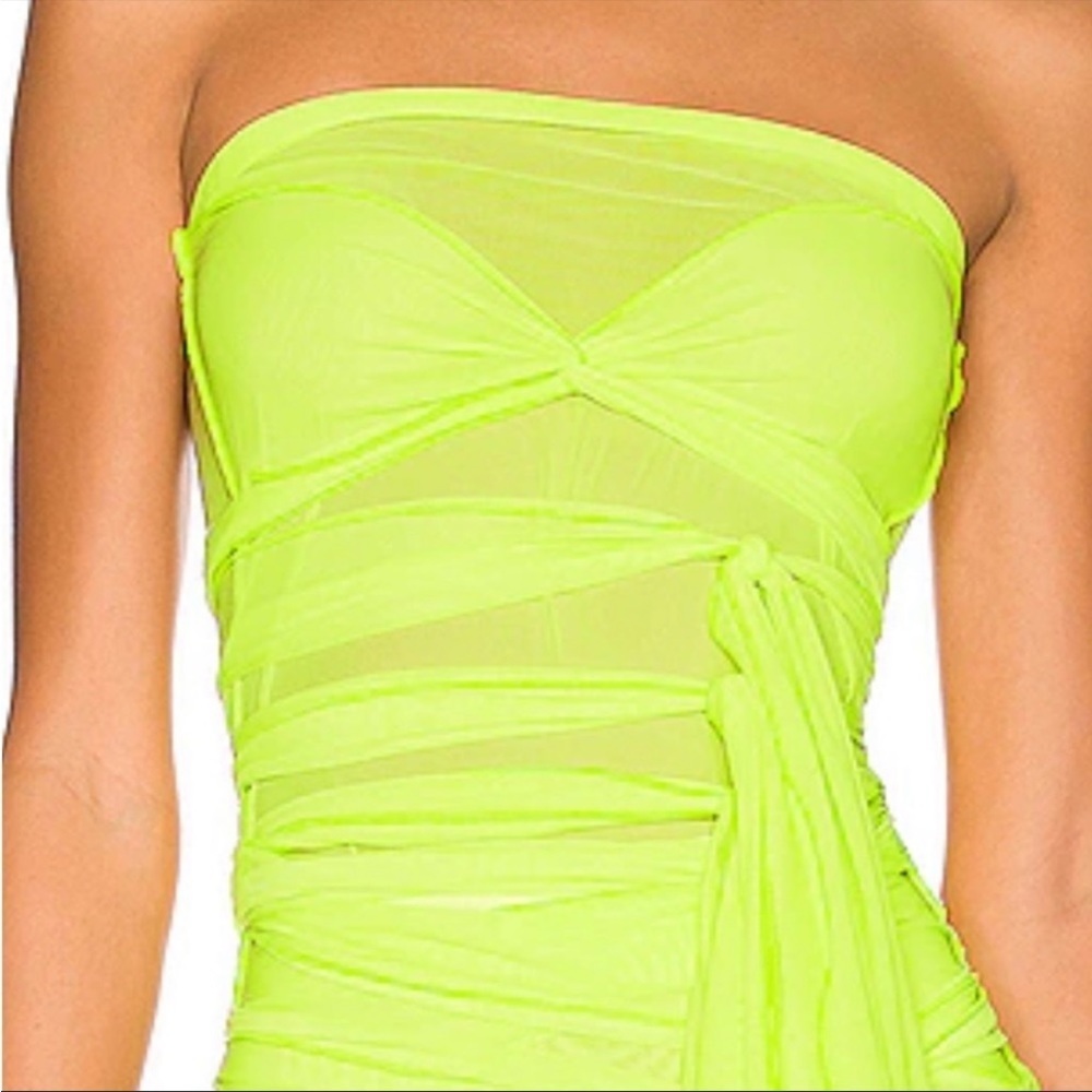 KIM‎ SHUI neon yellow green knit mesh cropped strapless tie front top